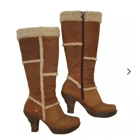 [39/8-8.5]The Art Company  Genuine Mustard Leather MidCalf Wool Heeled Boots - Picture 1 of 14
